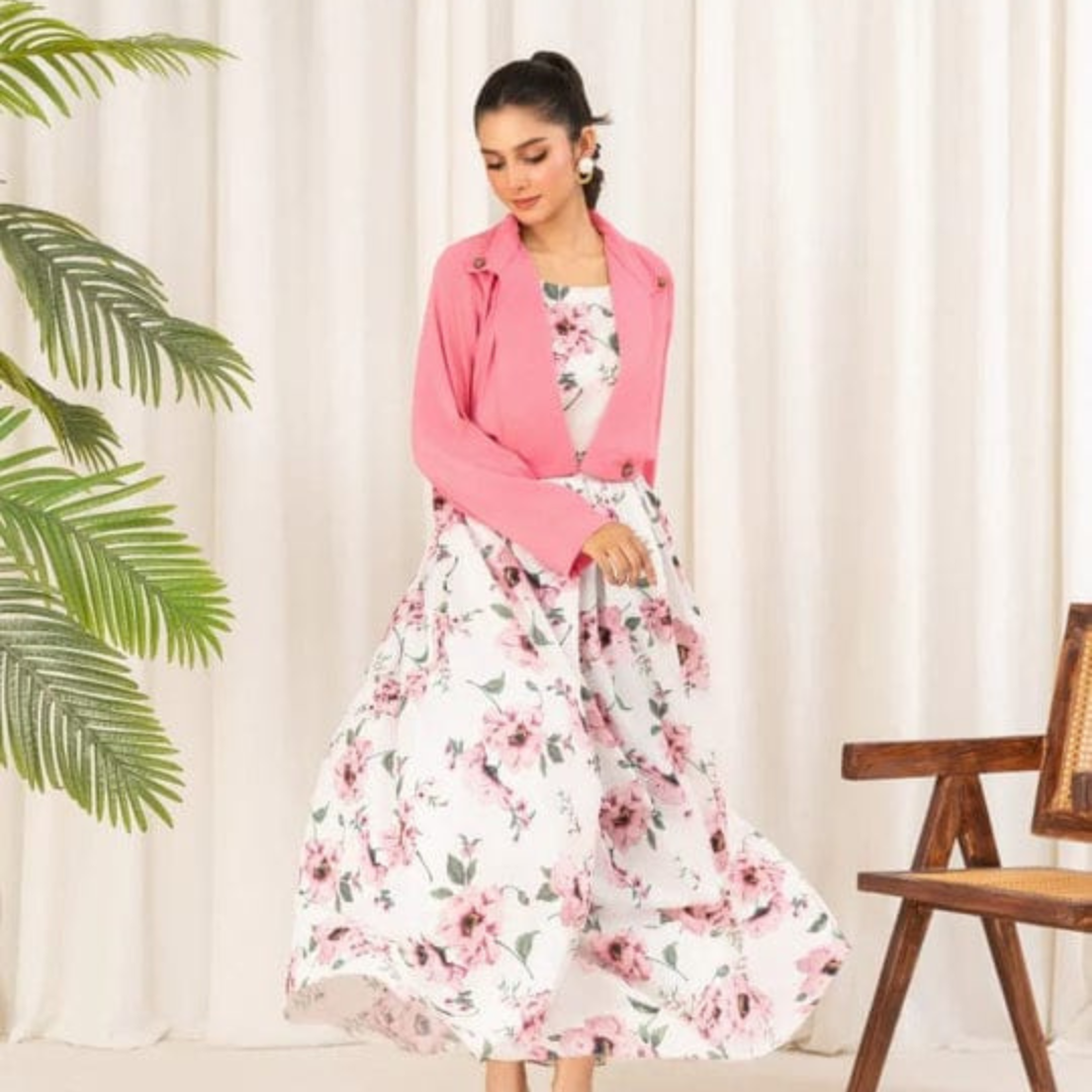 2 Pcs Stylish Floral Print Maxi Dress with Pink Jacket