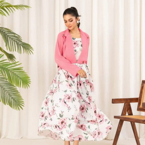 2 Pcs Stylish Floral Print Maxi Dress with Pink Jacket